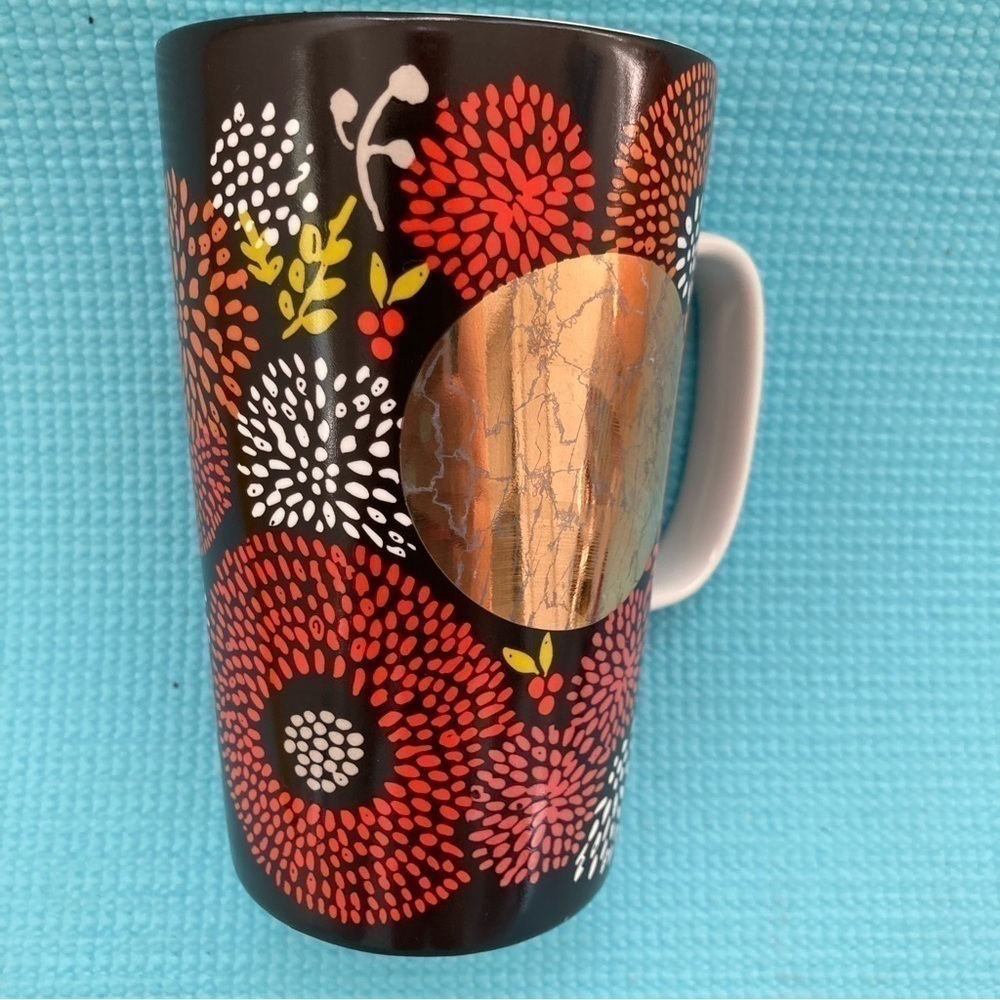 STARBUCKS 2014 Dot Collection Brown Floral Gold 16oz. Ceramic Coffee Tea mug
